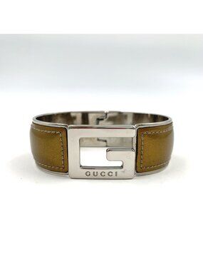 Gucci Motif Enamel Leather Metal Silver Blanc Bangle Bracelet
